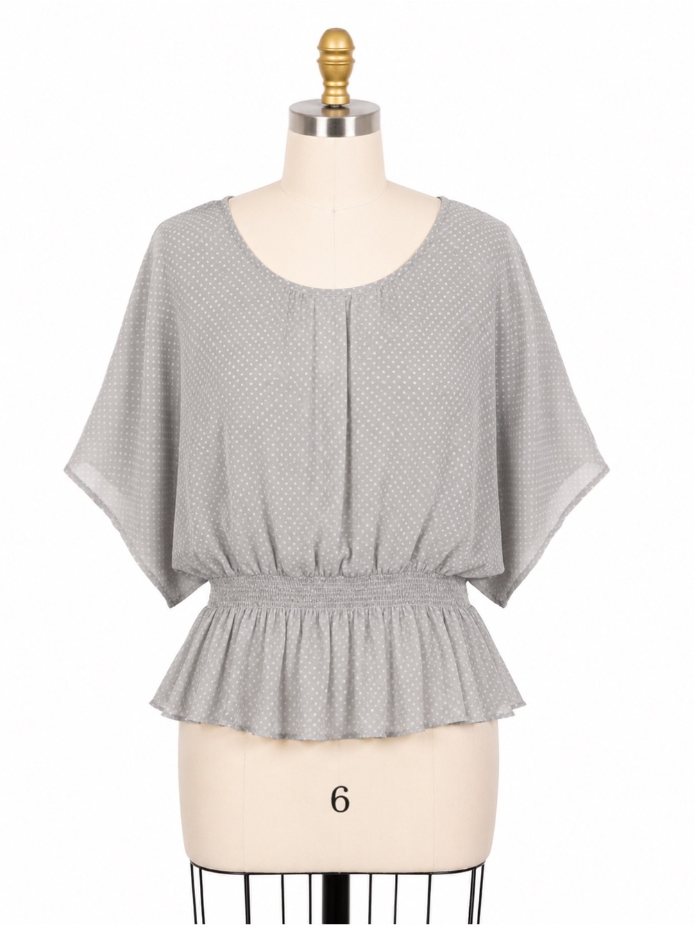 100% Silk Ella Moss Gray Polka Dot Dolman Sleeve Smocked Waist Blouse